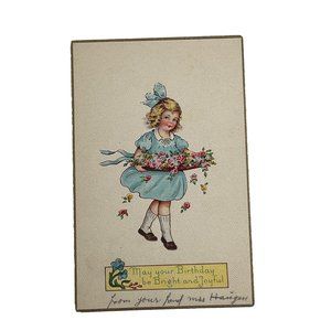 Vintage Linen Postcard Blond Girl Blue Dress Carrying Flowers Birthday Used